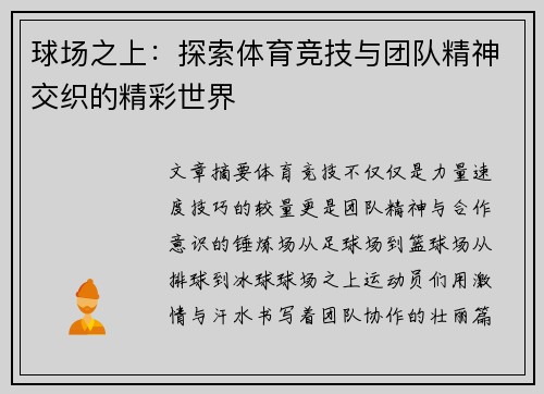球场之上：探索体育竞技与团队精神交织的精彩世界