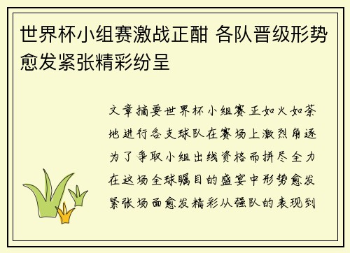 世界杯小组赛激战正酣 各队晋级形势愈发紧张精彩纷呈