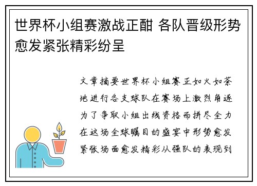 世界杯小组赛激战正酣 各队晋级形势愈发紧张精彩纷呈
