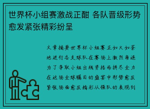世界杯小组赛激战正酣 各队晋级形势愈发紧张精彩纷呈