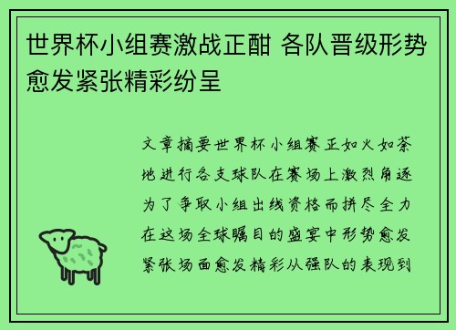 世界杯小组赛激战正酣 各队晋级形势愈发紧张精彩纷呈