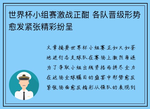 世界杯小组赛激战正酣 各队晋级形势愈发紧张精彩纷呈
