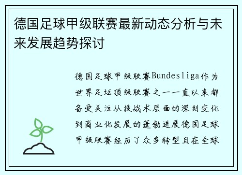 德国足球甲级联赛最新动态分析与未来发展趋势探讨