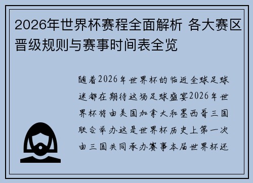 2026年世界杯赛程全面解析 各大赛区晋级规则与赛事时间表全览