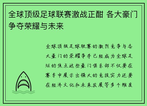 全球顶级足球联赛激战正酣 各大豪门争夺荣耀与未来