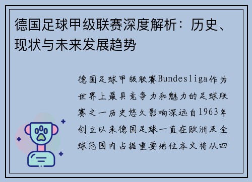 德国足球甲级联赛深度解析：历史、现状与未来发展趋势